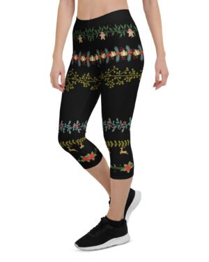 Christmas Deer and Red Berries Black Capris