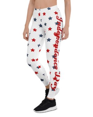 Red and Blue Stars with Independence Day Text USA Flag Inspired Leggings